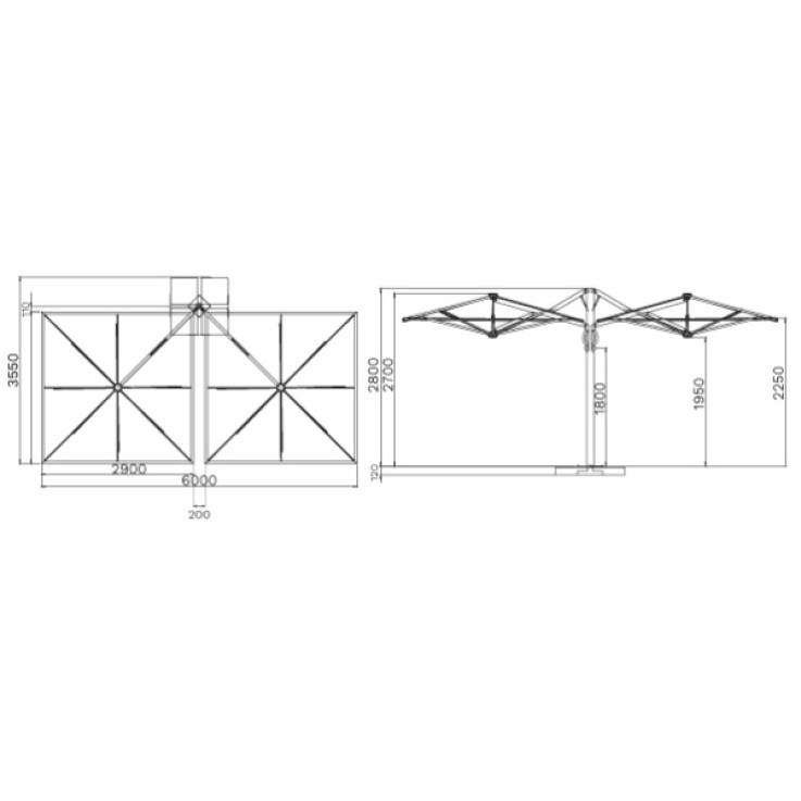 Scolaro Dual "V" zweefparasol 300x600cm
